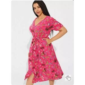 Torrid Pink Floral Leopard Midi Rayon Slub Button Front Tie Dress Size 5X